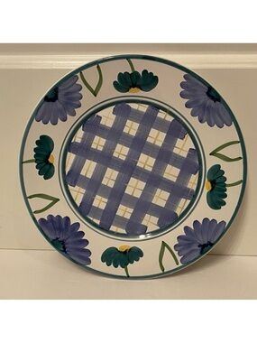 CALECA ARIOSO FLORAL PLAID LUNCHEON PLATE BLUE WHITE YELLOW HAND PAINTED ITALY